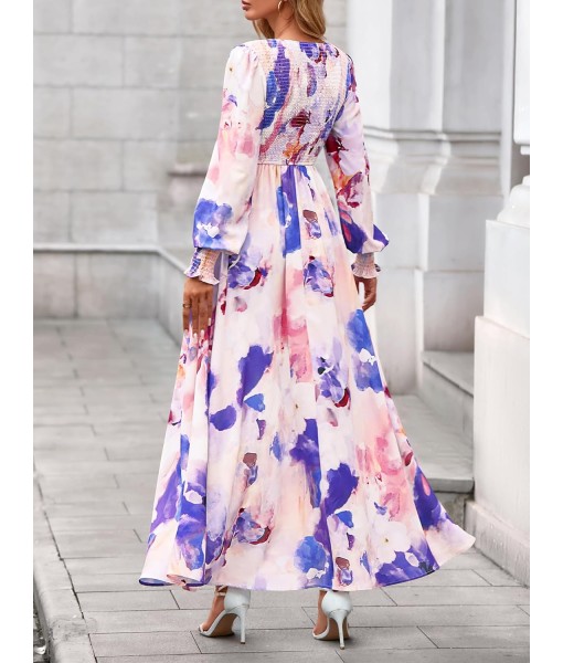 BTFBM Women Fall Wedding Guest Maxi Dresses 2025 Floral V Neck Long Sleeve Boho Long Dress Vacation