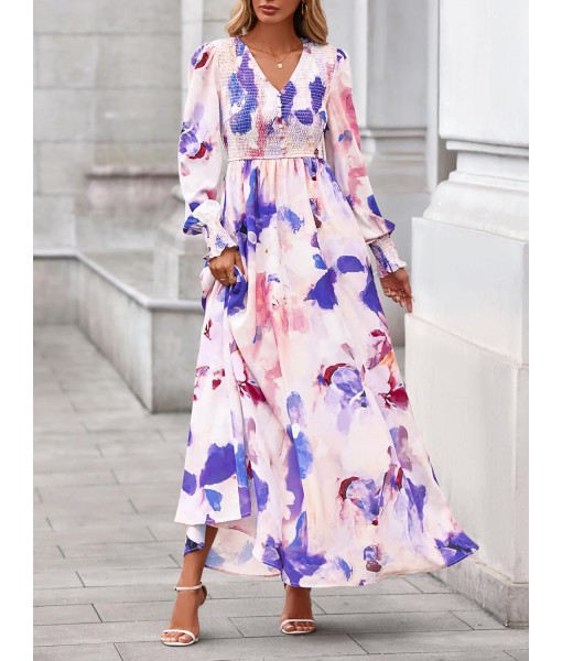 BTFBM Women Fall Wedding Guest Maxi Dresses 2025 Floral V Neck Long Sleeve Boho Long Dress Vacation