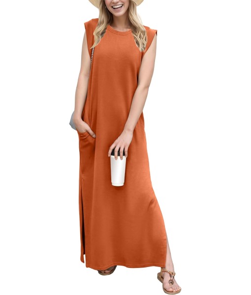 GRECERELLE 2025 Women Year-Round Casual Round Neck Loose Split Wrinkle-Free Long Maxi Vacation Dress with Pockets (XS-3XL)