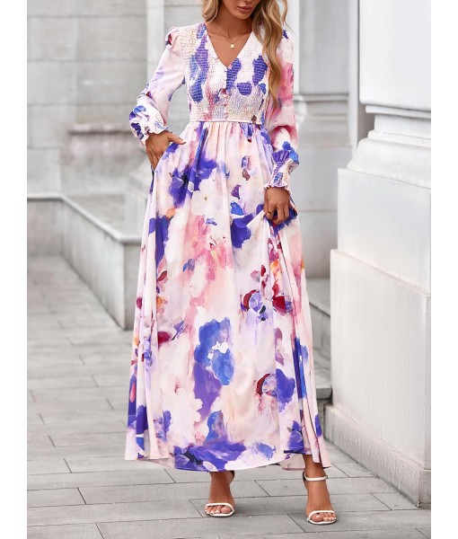 BTFBM Women Fall Wedding Guest Maxi Dresses 2025 Floral V Neck Long Sleeve Boho Long Dress Vacation