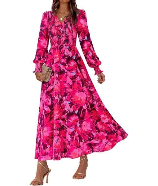 BTFBM Women Fall Wedding Guest Maxi Dresses 2025 Floral V Neck Long Sleeve Boho Long Dress Vacation