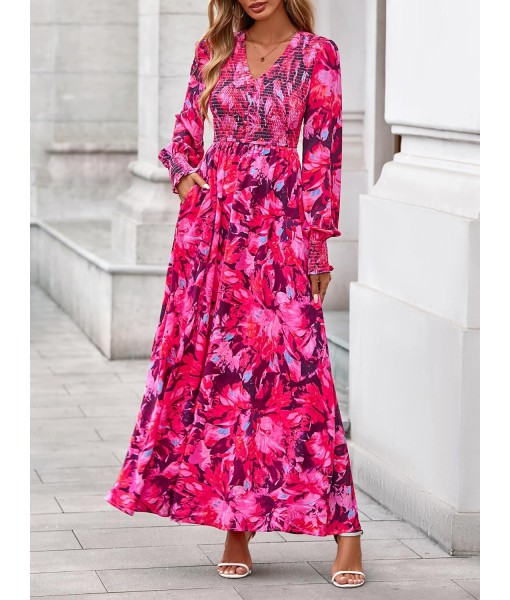 BTFBM Women Fall Wedding Guest Maxi Dresses 2025 Floral V Neck Long Sleeve Boho Long Dress Vacation