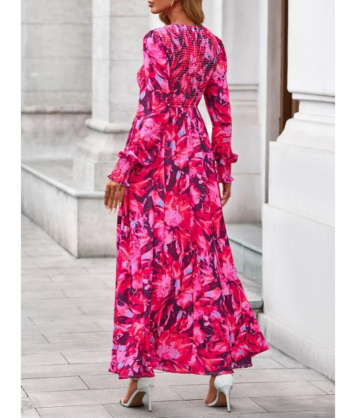 BTFBM Women Fall Wedding Guest Maxi Dresses 2025 Floral V Neck Long Sleeve Boho Long Dress Vacation