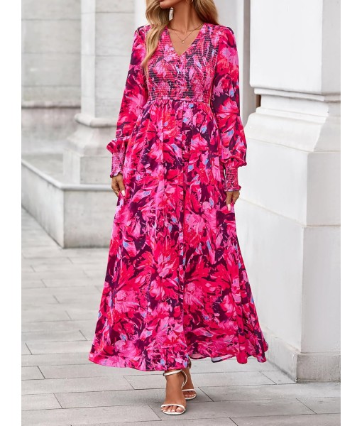 BTFBM Women Fall Wedding Guest Maxi Dresses 2025 Floral V Neck Long Sleeve Boho Long Dress Vacation