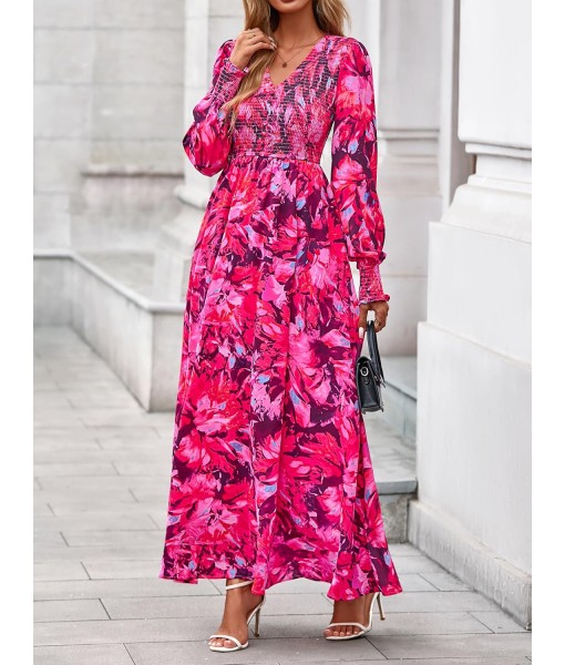 BTFBM Women Fall Wedding Guest Maxi Dresses 2025 Floral V Neck Long Sleeve Boho Long Dress Vacation