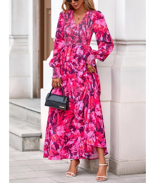 BTFBM Women Fall Wedding Guest Maxi Dresses 2025 Floral V Neck Long Sleeve Boho Long Dress Vacation