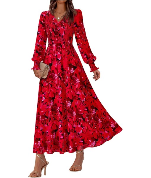 BTFBM Women Fall Wedding Guest Maxi Dresses 2025 Floral V Neck Long Sleeve Boho Long Dress Vacation