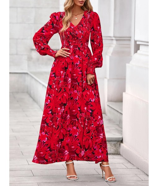 BTFBM Women Fall Wedding Guest Maxi Dresses 2025 Floral V Neck Long Sleeve Boho Long Dress Vacation