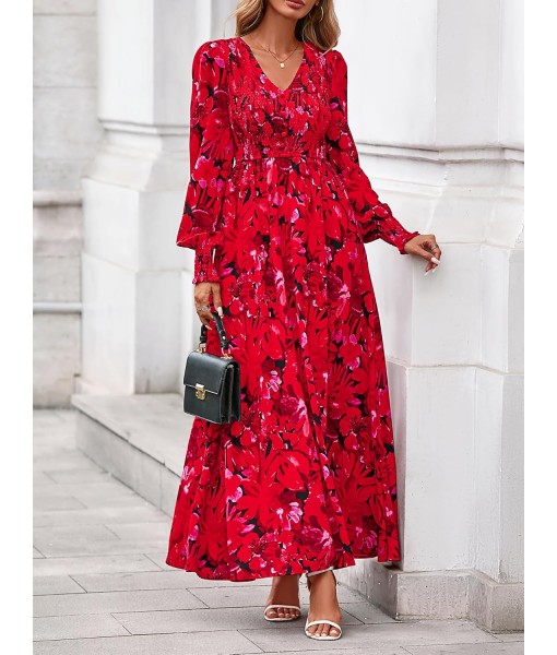 BTFBM Women Fall Wedding Guest Maxi Dresses 2025 Floral V Neck Long Sleeve Boho Long Dress Vacation