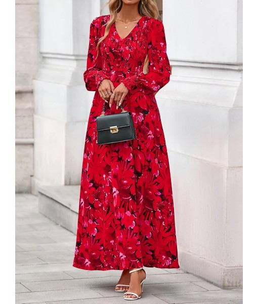 BTFBM Women Fall Wedding Guest Maxi Dresses 2025 Floral V Neck Long Sleeve Boho Long Dress Vacation