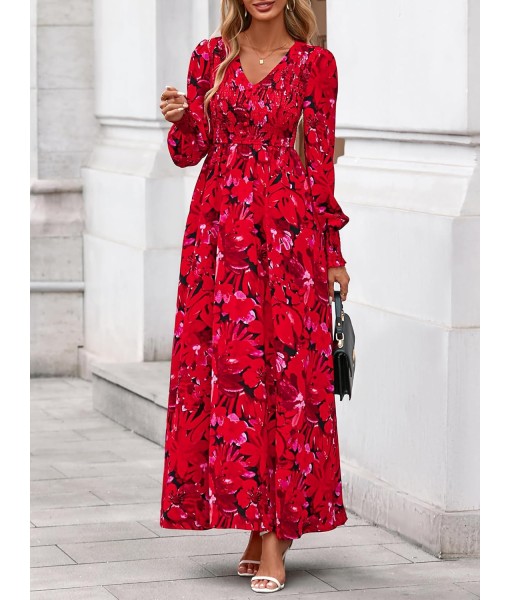 BTFBM Women Fall Wedding Guest Maxi Dresses 2025 Floral V Neck Long Sleeve Boho Long Dress Vacation