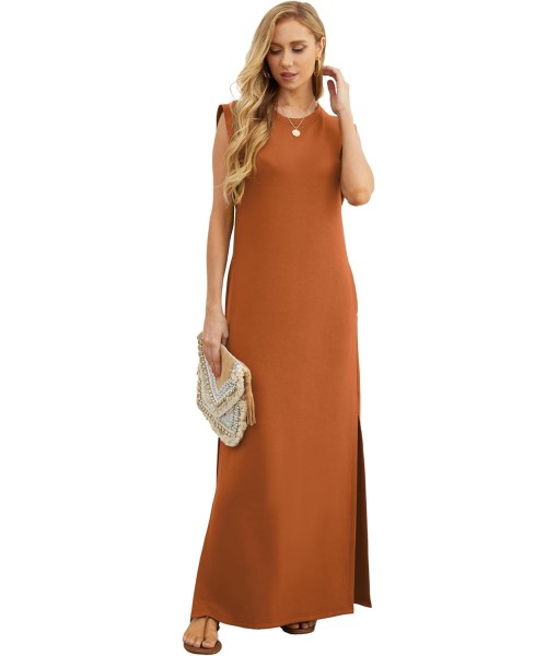 GRECERELLE 2025 Women Year-Round Casual Round Neck Loose Split Wrinkle-Free Long Maxi Vacation Dress with Pockets (XS-3XL)