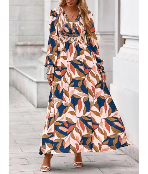 BTFBM Women Fall Wedding Guest Maxi Dresses 2025 Floral V Neck Long Sleeve Boho Long Dress Vacation