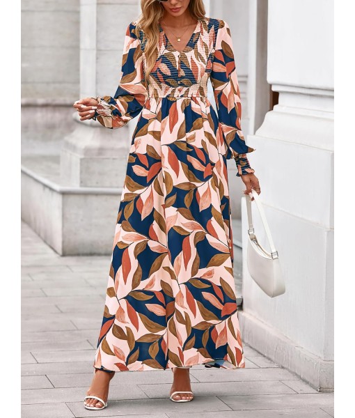 BTFBM Women Fall Wedding Guest Maxi Dresses 2025 Floral V Neck Long Sleeve Boho Long Dress Vacation