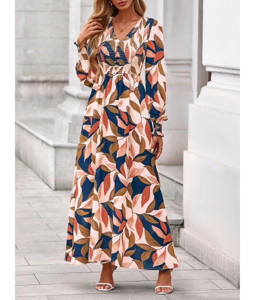 BTFBM Women Fall Wedding Guest Maxi Dresses 2025 Floral V Neck Long Sleeve Boho Long Dress Vacation