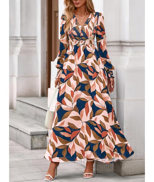 BTFBM Women Fall Wedding Guest Maxi Dresses 2025 Floral V Neck Long Sleeve Boho Long Dress Vacation