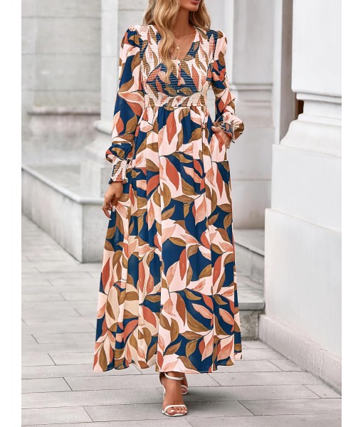 BTFBM Women Fall Wedding Guest Maxi Dresses 2025 Floral V Neck Long Sleeve Boho Long Dress Vacation