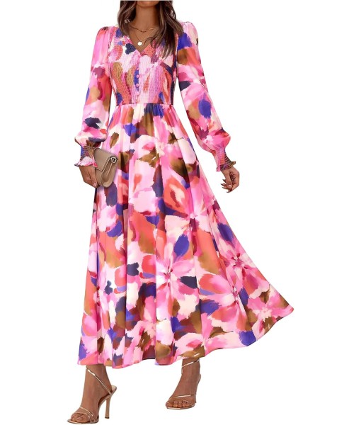 BTFBM Women Fall Wedding Guest Maxi Dresses 2025 Floral V Neck Long Sleeve Boho Long Dress Vacation