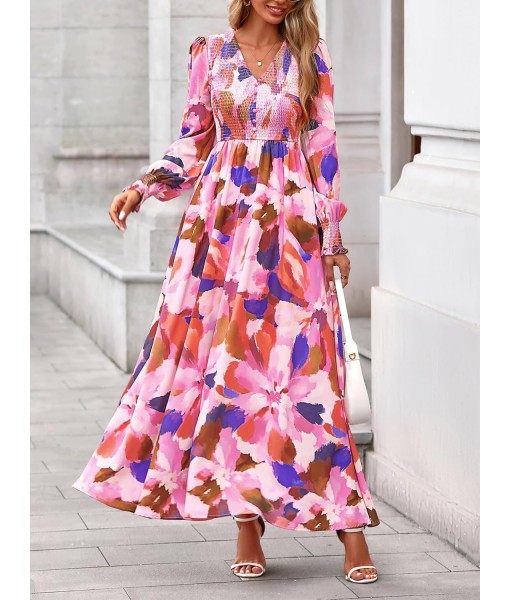 BTFBM Women Fall Wedding Guest Maxi Dresses 2025 Floral V Neck Long Sleeve Boho Long Dress Vacation