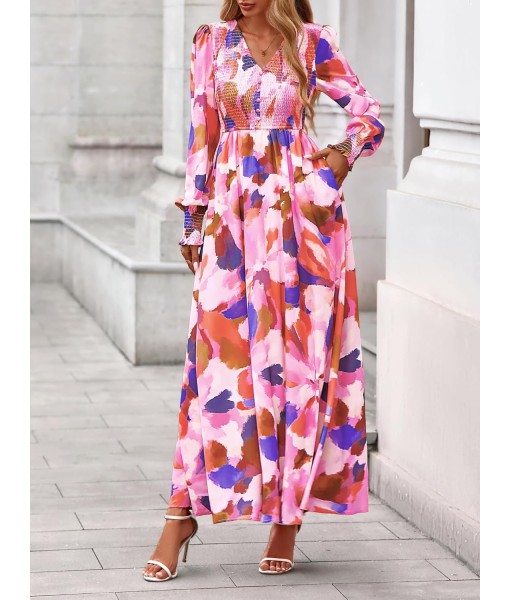 BTFBM Women Fall Wedding Guest Maxi Dresses 2025 Floral V Neck Long Sleeve Boho Long Dress Vacation