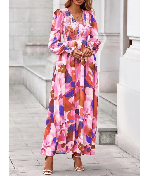 BTFBM Women Fall Wedding Guest Maxi Dresses 2025 Floral V Neck Long Sleeve Boho Long Dress Vacation
