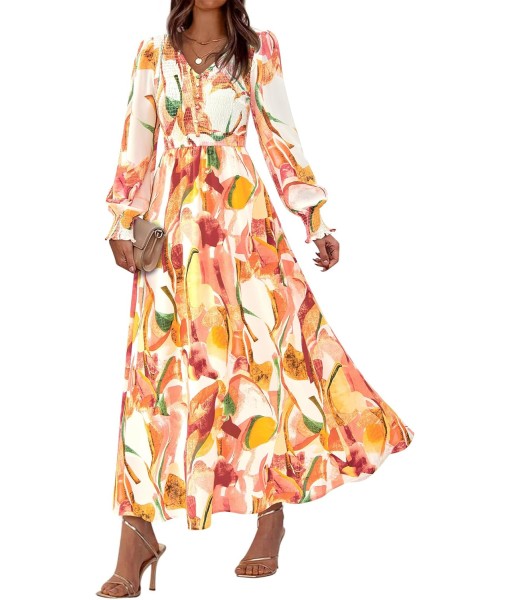 BTFBM Women Fall Wedding Guest Maxi Dresses 2025 Floral V Neck Long Sleeve Boho Long Dress Vacation