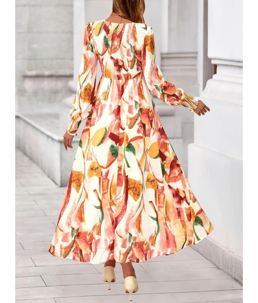 BTFBM Women Fall Wedding Guest Maxi Dresses 2025 Floral V Neck Long Sleeve Boho Long Dress Vacation