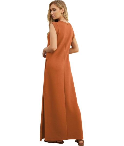 GRECERELLE 2025 Women Year-Round Casual Round Neck Loose Split Wrinkle-Free Long Maxi Vacation Dress with Pockets (XS-3XL)