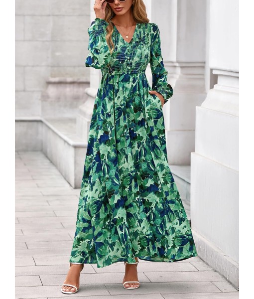 BTFBM Women Fall Wedding Guest Maxi Dresses 2025 Floral V Neck Long Sleeve Boho Long Dress Vacation
