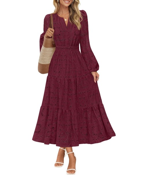 MEROKEETY Women's Fall Long Sleeve Floral Maxi Dress V Neck Lace Eyelet Hollow Out Tiered Dresses Pockets