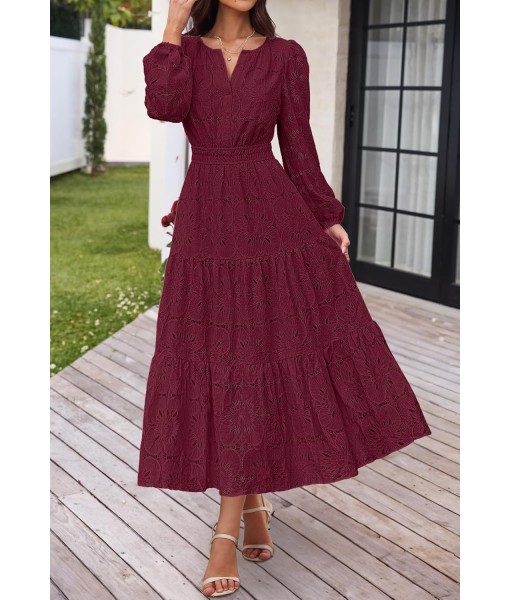 MEROKEETY Women's Fall Long Sleeve Floral Maxi Dress V Neck Lace Eyelet Hollow Out Tiered Dresses Pockets