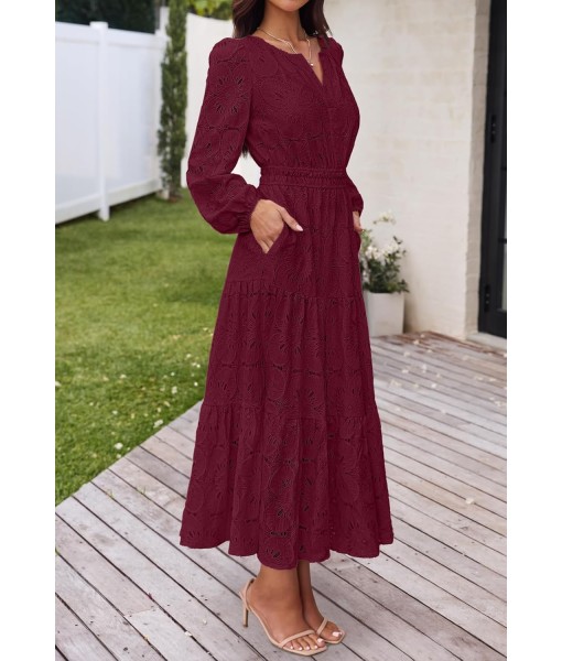 MEROKEETY Women's Fall Long Sleeve Floral Maxi Dress V Neck Lace Eyelet Hollow Out Tiered Dresses Pockets