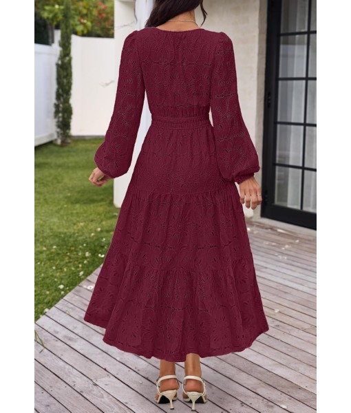 MEROKEETY Women's Fall Long Sleeve Floral Maxi Dress V Neck Lace Eyelet Hollow Out Tiered Dresses Pockets