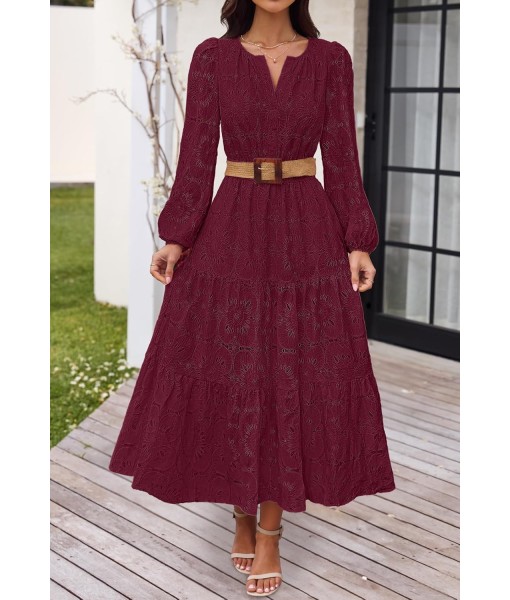 MEROKEETY Women's Fall Long Sleeve Floral Maxi Dress V Neck Lace Eyelet Hollow Out Tiered Dresses Pockets