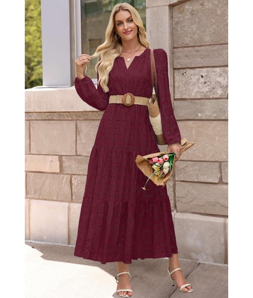 MEROKEETY Women's Fall Long Sleeve Floral Maxi Dress V Neck Lace Eyelet Hollow Out Tiered Dresses Pockets