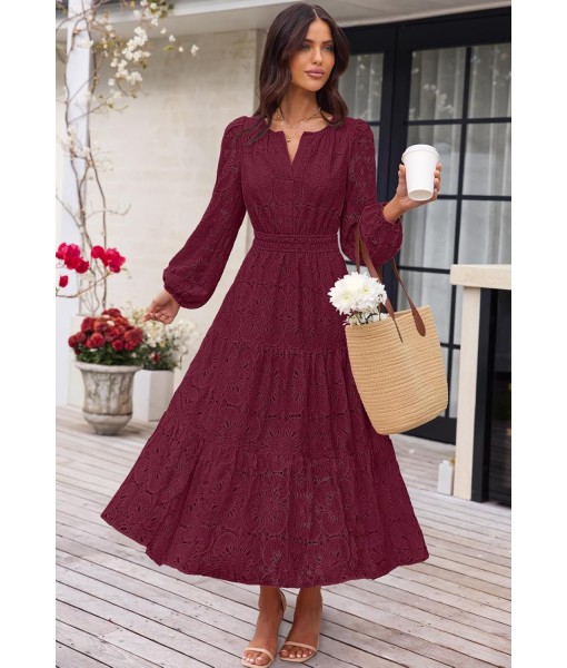 MEROKEETY Women's Fall Long Sleeve Floral Maxi Dress V Neck Lace Eyelet Hollow Out Tiered Dresses Pockets