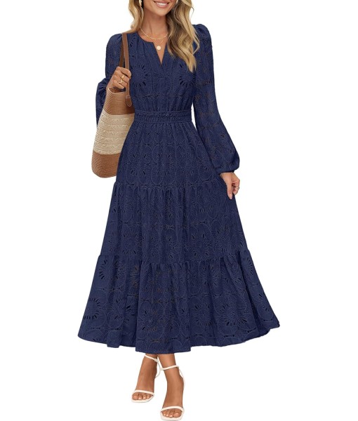 MEROKEETY Women's Fall Long Sleeve Floral Maxi Dress V Neck Lace Eyelet Hollow Out Tiered Dresses Pockets