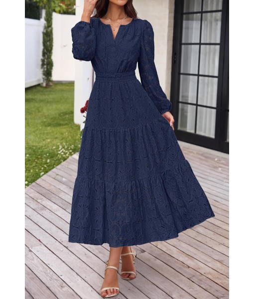 MEROKEETY Women's Fall Long Sleeve Floral Maxi Dress V Neck Lace Eyelet Hollow Out Tiered Dresses Pockets