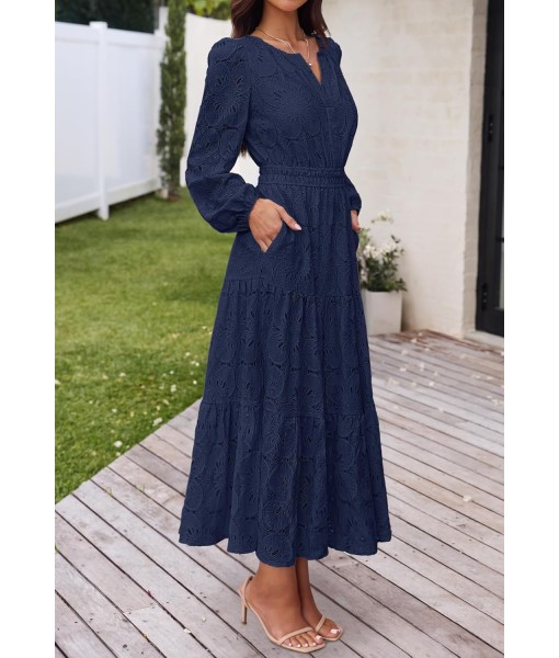 MEROKEETY Women's Fall Long Sleeve Floral Maxi Dress V Neck Lace Eyelet Hollow Out Tiered Dresses Pockets