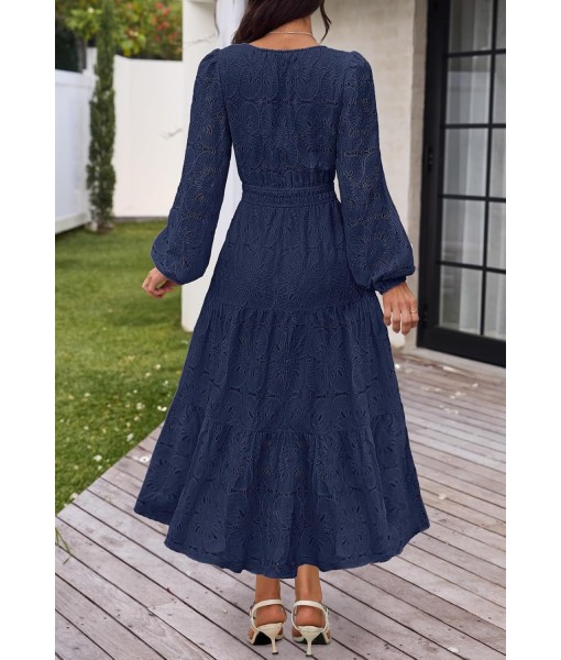 MEROKEETY Women's Fall Long Sleeve Floral Maxi Dress V Neck Lace Eyelet Hollow Out Tiered Dresses Pockets