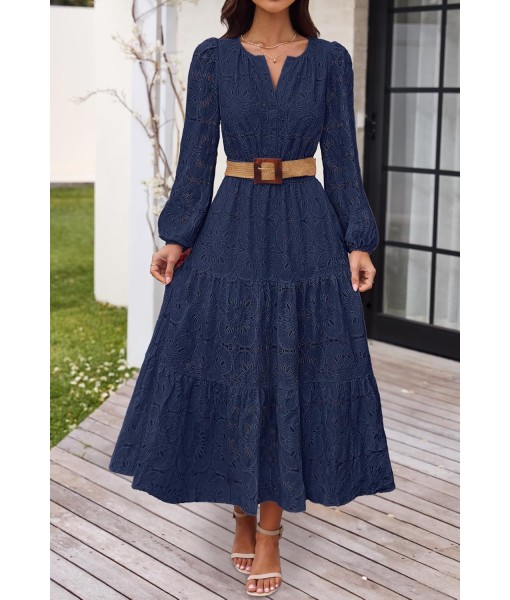 MEROKEETY Women's Fall Long Sleeve Floral Maxi Dress V Neck Lace Eyelet Hollow Out Tiered Dresses Pockets