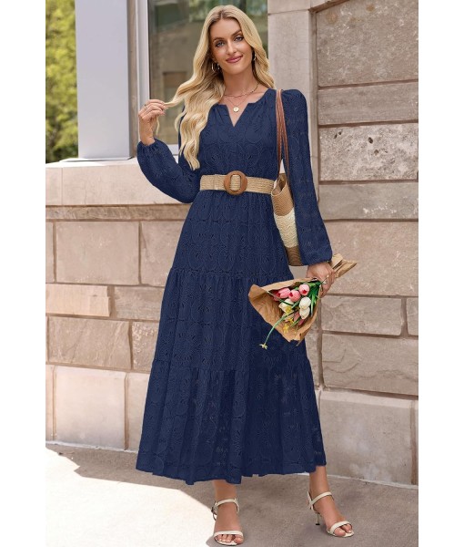 MEROKEETY Women's Fall Long Sleeve Floral Maxi Dress V Neck Lace Eyelet Hollow Out Tiered Dresses Pockets