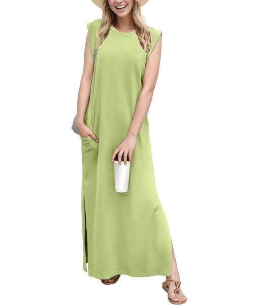 GRECERELLE 2025 Women Year-Round Casual Round Neck Loose Split Wrinkle-Free Long Maxi Vacation Dress with Pockets (XS-3XL)