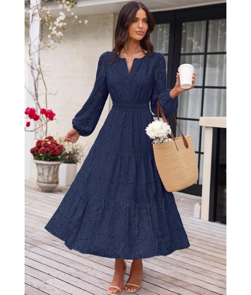 MEROKEETY Women's Fall Long Sleeve Floral Maxi Dress V Neck Lace Eyelet Hollow Out Tiered Dresses Pockets