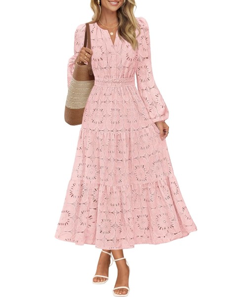 MEROKEETY Women's Fall Long Sleeve Floral Maxi Dress V Neck Lace Eyelet Hollow Out Tiered Dresses Pockets