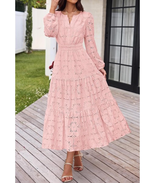 MEROKEETY Women's Fall Long Sleeve Floral Maxi Dress V Neck Lace Eyelet Hollow Out Tiered Dresses Pockets