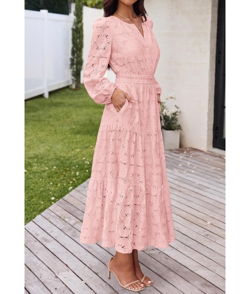 MEROKEETY Women's Fall Long Sleeve Floral Maxi Dress V Neck Lace Eyelet Hollow Out Tiered Dresses Pockets