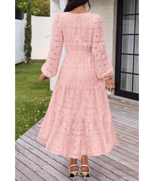 MEROKEETY Women's Fall Long Sleeve Floral Maxi Dress V Neck Lace Eyelet Hollow Out Tiered Dresses Pockets