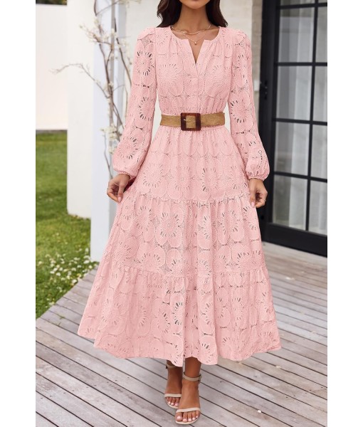 MEROKEETY Women's Fall Long Sleeve Floral Maxi Dress V Neck Lace Eyelet Hollow Out Tiered Dresses Pockets