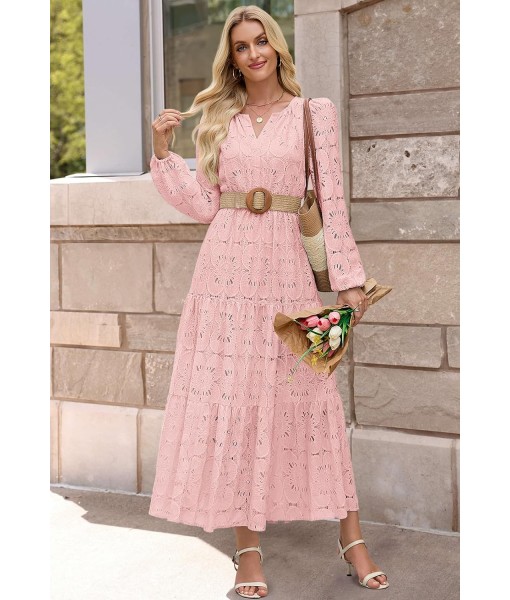 MEROKEETY Women's Fall Long Sleeve Floral Maxi Dress V Neck Lace Eyelet Hollow Out Tiered Dresses Pockets